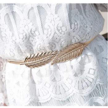 

Gold silvery leaf shape Wedding designer Elastic belts for women girl,Stretch Skinny Waist Belt Cummerbunds metal female belt