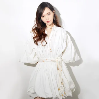 

2020 Summer Ball Gown Woman Dress Elegant Mini Celebrity Lantern Sleeve Women Sexy V Neck White Party Dress Vestidos