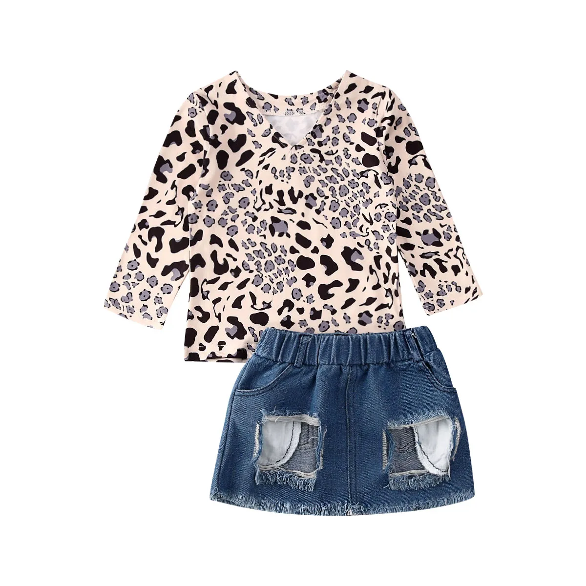 

1-5Y Toddler Baby Kid Girls Clothes Sets Long Sleeve Leopard T-shirts+Ripped Denim Skirt Outfits Summer