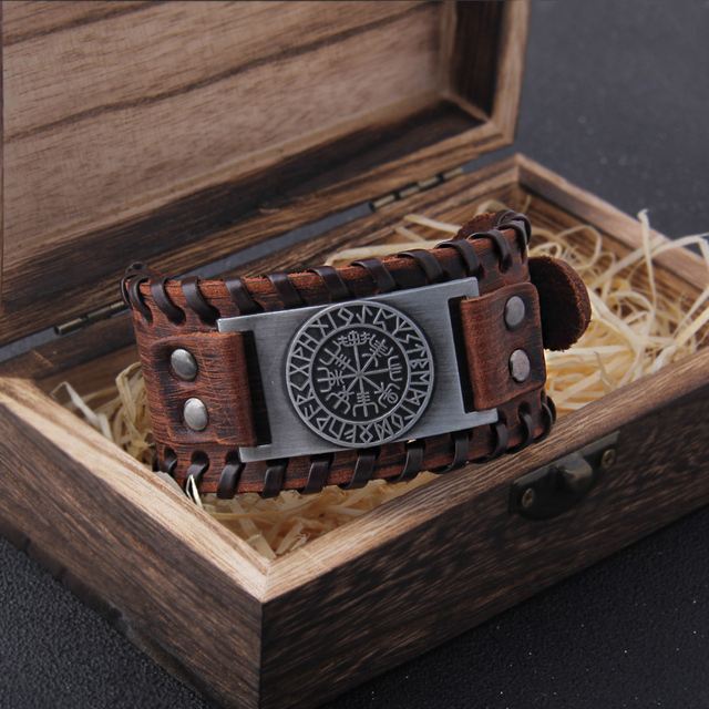 Wide Leather Bracelet Men Punk Braided Rope Alloy Cuff Bangle Male Wristband Viking Bracelet Mens Jewelry with wood box