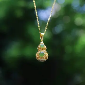 

New silver inlaid natural Hetian Chalcedony gourd Pendant Necklace with unique Chinese ancient gold craft women's brand jewelry