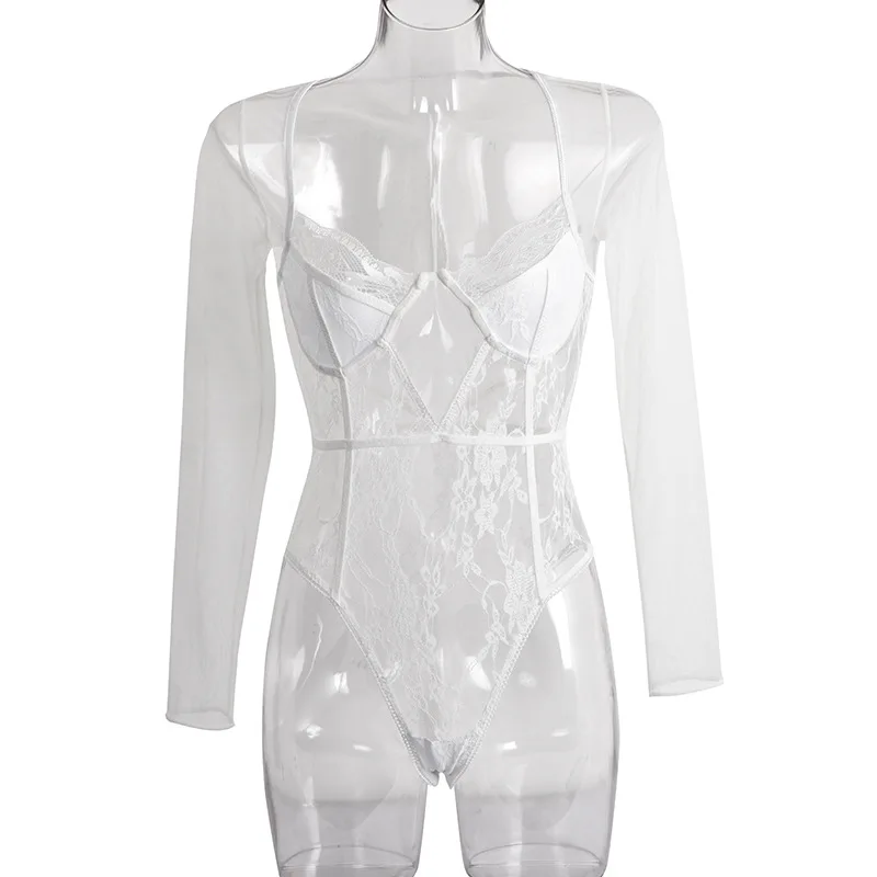 Cryptographic Long Sleeve Mesh Lace Bodysuit 2019 Autumn Hollow Out Sheer Teddies Sexy Jumpsuits Slim Fashion Body Club Bodysuit