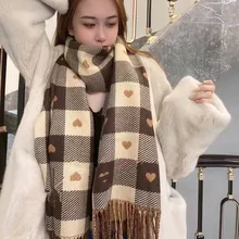 Women Double-sided Grid Scarf Female Imitation Cashmere Tassel Scarves Student Thickened Bib To Keep Warm Shawl Snood 60*180cm