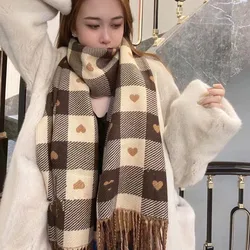 Women Double-sided Grid Scarf Female Imitation Cashmere Tassel Scarves Student Thickened Bib To Keep Warm Shawl Snood 60*180cm