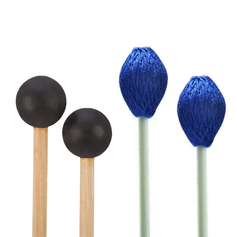 Marimba Mallets 1 Pair Medium Hard Yarn Head Marimba Mallets and 1 Pair Rubber Mallets Sticks for Percussion Bell Glockenspiel M
