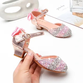 

Children Bowtie Sandals Rhinestone Sequins Princess Girls Kids Leather Soft Bottom Beach Shoes 3 4 5 6 7 8 9 10 11 Years