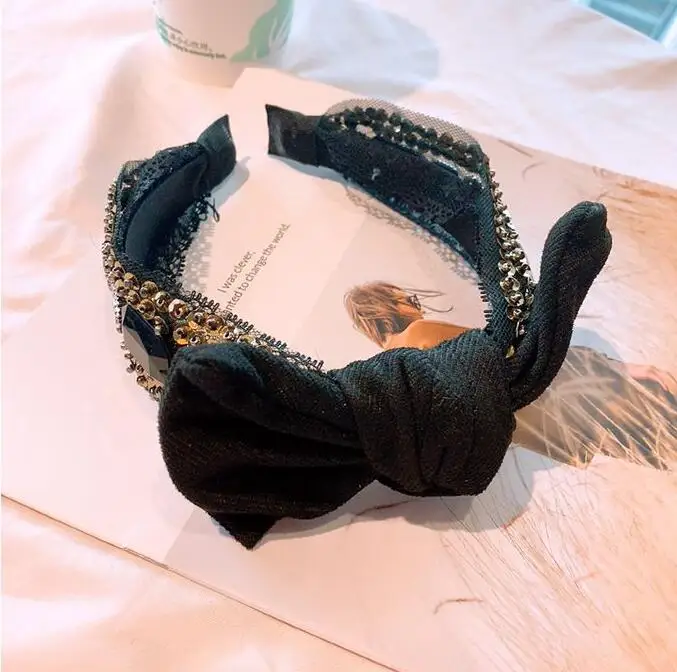 Барокко ручной работы горный хрусталь широкая сторона с бантом hairband шикарный женский черный головной убор