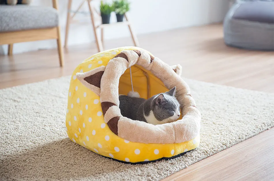 Cute Cat Bed Semi-closed Cats House Soft Warm Small Medium Dog Bed Pet House Built-in Fun Decoration for Cat Teddy Chihuahua Mat-66