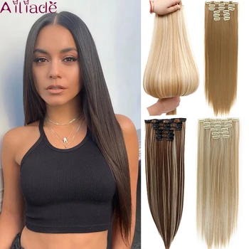 

AILIADE 6Pcs/Set Long Silky Straight Synthetic Hair Extensions Clips in High Temperature Fiber Black Hairpiece For Women
