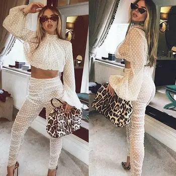

2Pcs Women See Through Sheer Mesh Crop Tops and Long Pants Sexy Bodycon Two Piece Set Outfits Casual Shinny Clothing Women Set