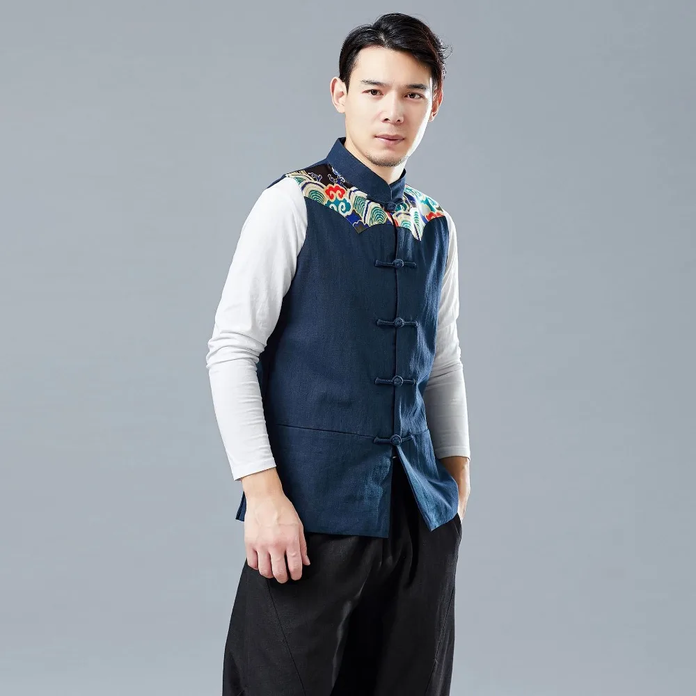 LZJN 2019 Men's Summer Waistcoat Chinese Style Print Patchwork Linen Button Down Kung Fu Shirt Sleeveless Vest Jacket (18)