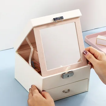 

Classical fashion women white color leather jewelry box top quality jewelry Makeup Organizer Box Jewelry Storage Case 200807-39