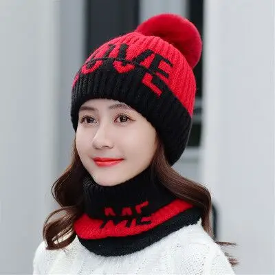 Теплая Шапка-бини с флисовой подкладкой, женская вязаная шапка, зимняя шапка, шарф, набор, высокое качество, зимние шапки для женщин, вязаная Лыжная шапка - Цвет: red