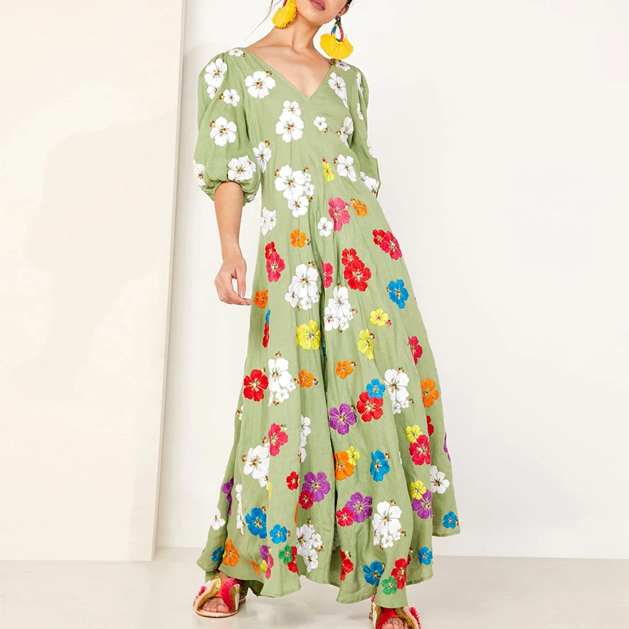 

KHALEE YOSE High Quality Embroidered Maxi Dress Autumn 2019 V-Neck Holiday Floral Patterns Boho Chic Long Beach Dresses Women