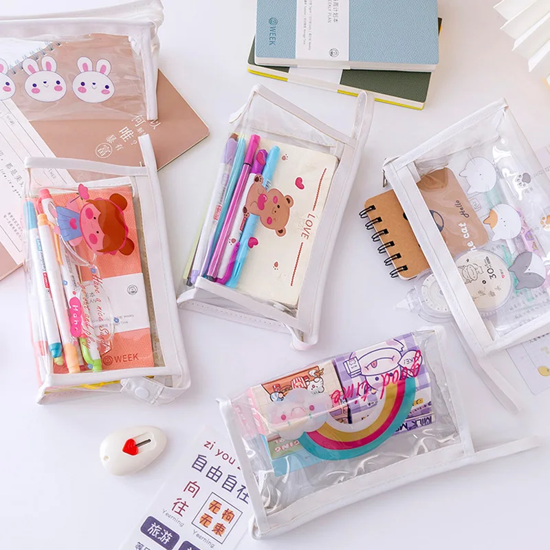 100Pcs Transparente Lagerung Tasche Student Schreibwaren Lagerung Große Kapazität Stift Taschen Reise Tragbare Make-Up Wasserdichte Waschen taschen – Detail 3