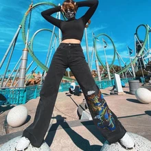 Women's Jeans Casual Vintage Button Mid Waist Jeans Autumn Winter Fashion Embroidery Solid Color Loose Denim Flared Pants