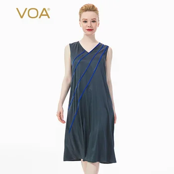 

VOA Satin 19mm Stretch Twill Silk V-neck Sleeveless Mix Material Stitching Loose Waist Pullover Dress AE152