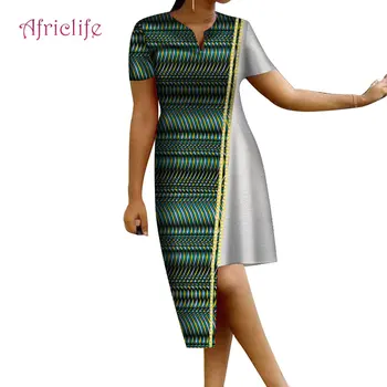 

Hot Selling Ethnic Clothes Short Sleeve Skirt 2020 Fashion Lace Patchwork Small V Necklace African Women Summer Dress WY5146