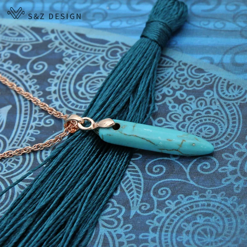 S&Z DESIGN New Fashion Vintage Synthetic Turquoises Dangle Earrings Jewelry Sets For Women 585 Rose Gold Color Party Necklace