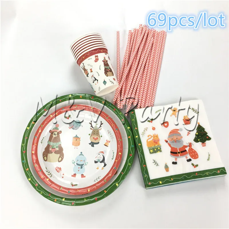 69pcs/lot New Year's Eve Christmas Theme Party Paper Cup Plate Set Party Disposable Tableware Set Party Decorations Supplies