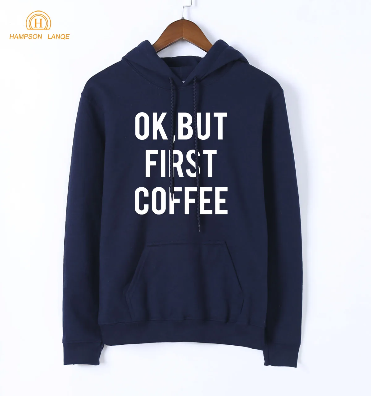 Женские толстовки с капюшоном Ok But First Coffee темно синего цвета на весну и осень 2020