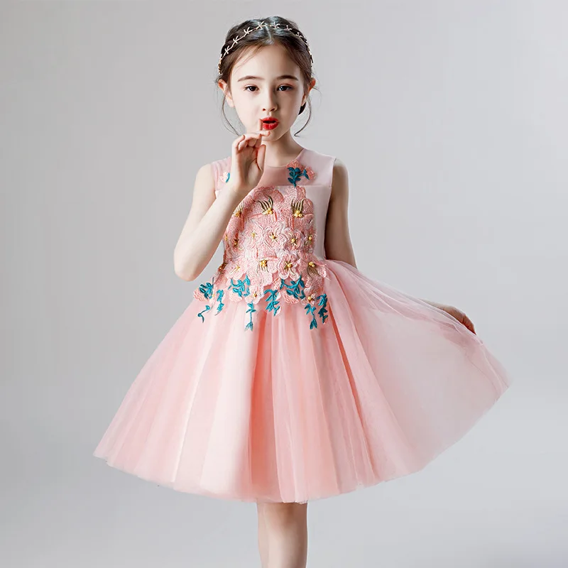 

Exquisite New Girls Pink Party Pageant Princess Dress Kids 3D Sleeveless Flower Tulle Dancing Show Dress Graduation Clothing