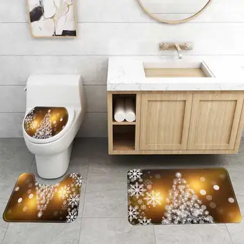 

Christmas Print Bathroom Combination Set Shower Curtain + Bath Mat+ Lid Toilet Cover + Toilet Pedestal Rug Four-piece