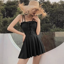 Женский бандажный черный слитный купальник с пуш-ап юбкой, купальник, цельный проводной купальник с оборками, купальник в стиле ретро, купальный костюм для женщин