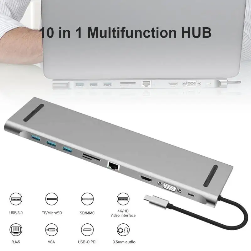 10 в 1 удлинитель док-станция USB TYPE-C концентратор 10 адаптер портов для MacBook OS Совместимость Windows 8,1/10 Macos 10