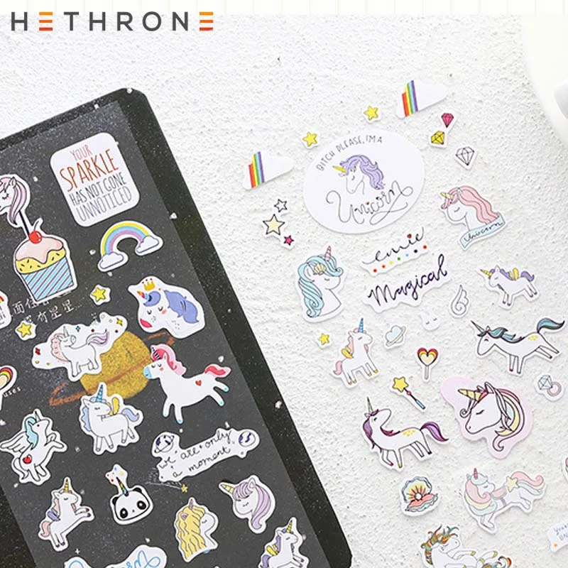 Hethrone 6 шт., ручная роспись, единорог, прозрачный ПВХ стикер для ручного счета, сделай сам, дневник, наклейки, чашка, мультфильм, декоративный материал, инструмент