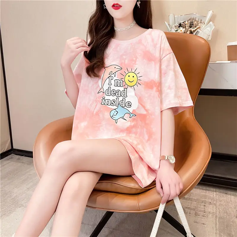 Camiseta a la moda para mujer, camiseta de cuello redondo de manga corta con estampado de animales Qi, Tops Harajuku holgados con letras de delfín rosa y sol