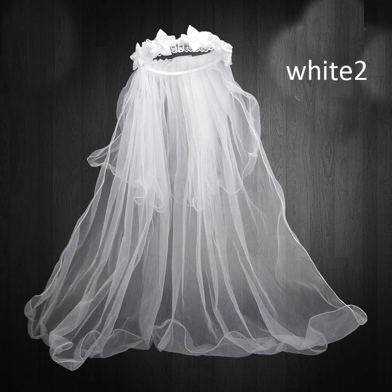 white 2 Вечерние платья для девочек, повязка на голову для принцессы, двухслойная фатиновая Фата для невесты, цветы, гирлянда, свадебный венок, повязка на голову - Цвет: white 2
