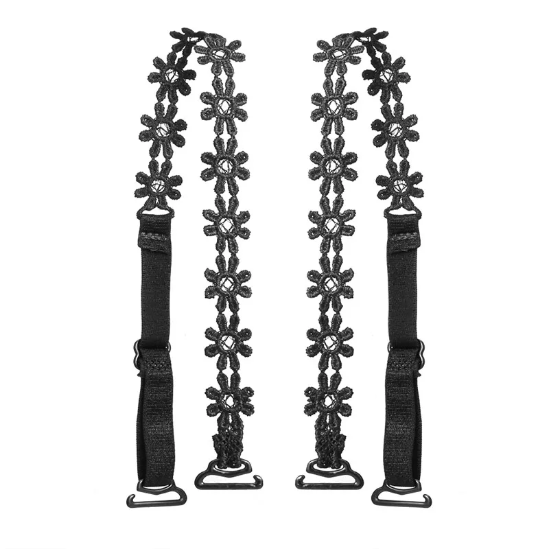 2Pcs/set Bra Invisible Hollowed Lace 3D Flower Shoulder Straps Anti Skid Black Beige Shoulder Strap Women's Clothing Accessories - Цвет: Black 2pairs