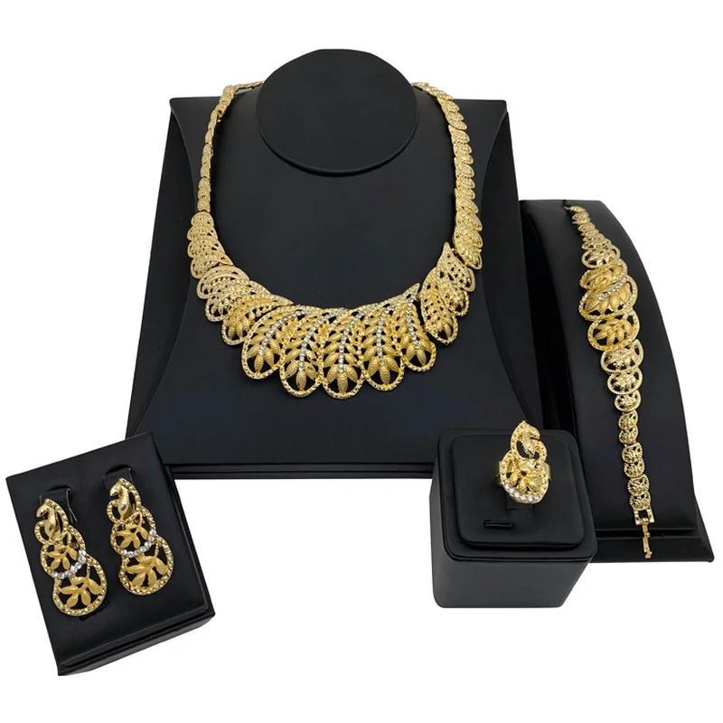 

African Jewelry Fine Jewelry Coconut Tree Embellished Crystal Necklace Earrings Ring Bracelet Female Indian Jewelry Set