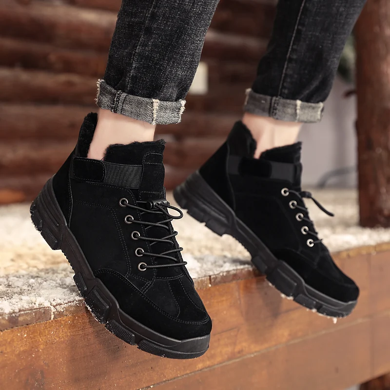 Autumn Winter Leather Ankle Boots High Top Men Snow Boots Shoes with Fur Plush Warm Male Casual Shoes Men's Sneakers