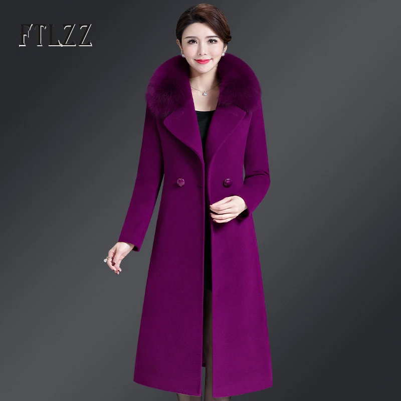 

Autumn Winter Wool Coat Women Slim Turn Down Collar Faux Fur Collar Medium Long Coat Ladies Plus Size 5xl Outerwear Abrigo Mujer