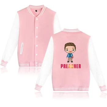 

Suitable Preacher Baseball jacket women men white+pink Round neck Autumn Outerwear Jackets print boy girl Casual Baseball Jacket