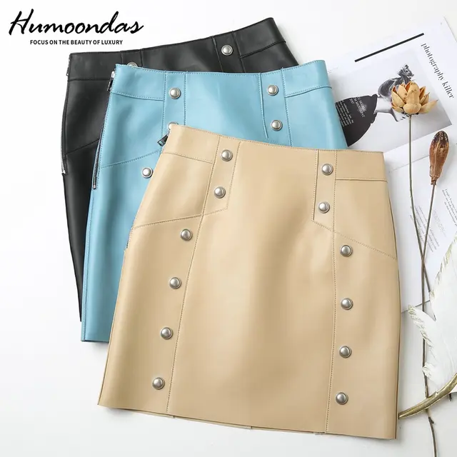 $US $135.00 2020 Spring New Fashion High Street genuine Leather Skirt Women Sheepskin Short Skirt Double Breasted  High Waist Bag Hip Skirt