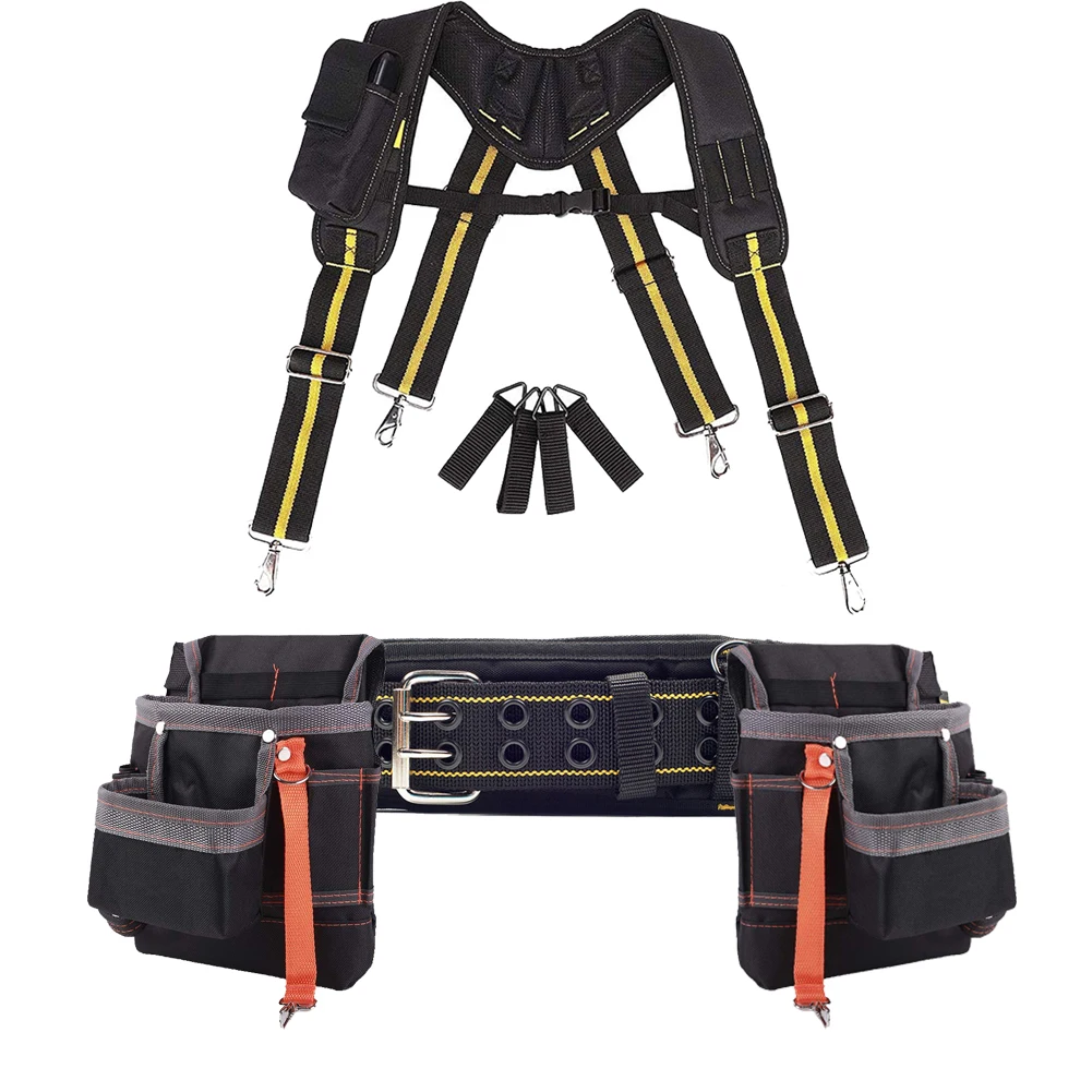 Tirantes de cinturón de herramientas, juego de bolsas, cinturón de herramientas de soporte Lumbar ajustable y tirantes de estilo canesú para carpintero y electricista, 4 piezas