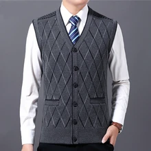 Новинка, вязаный мужской пуловер с v-образным вырезом, без рукавов, деловой стиль, повседневный Однотонный свитер, мужские тонкие свитера, жилет