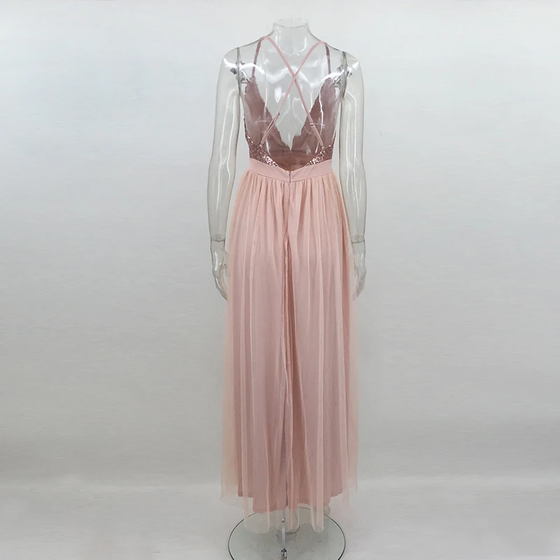 PFFLOOK Mesh Sequin Sexy Maxi Dress Women Deep V Neck Cross Back Backless Long Dress Elegant Sleeveless Solid Summer Party Dress