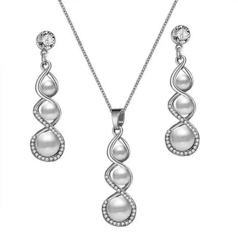 Silver Elegant Delicate Pearl Fine Jewelry Set For Women Girl Wedding Appointment Party Gift Fashion Pearl Necklace Earring Accessories - Metal color: Silver