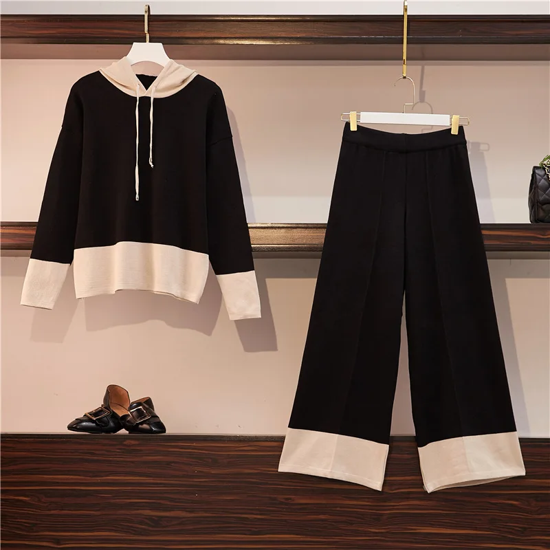

Large Size Dress 2019 Autumn And Winter Online Celebrity Loose-Fit Hooded Sweater WOMEN'S Knitted Sweater Loose Pants Two-Piece