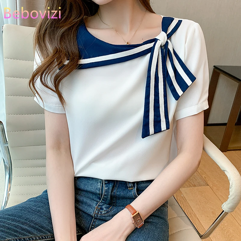 Blusa informal de Chifón con cuello de marinero para blusa estilo coreano, color azul oscuro y blanco, Tops de para 2021|Blusa| - AliExpress