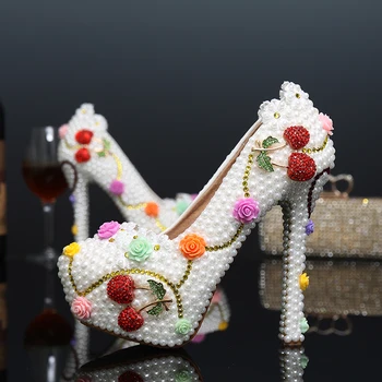 

Luxury Diamond Flower Wedding Bridal Shoes Round Toe Prom Party High Heels Sexy Ladies Customized White Pearl Cherry High Heels