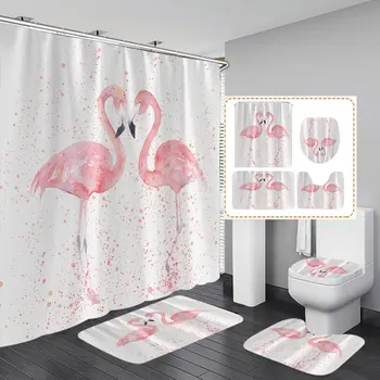 

1/3/4Pcs 3D Flamingo Waterproof Shower Curtain Mildew proof Toilet Cover Non-slip Mat 3pcs Toilet Bathroom Decor with 12 Hooks