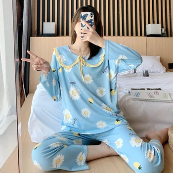 

Autumn Winter Pajamas Women Ruffle Cute Pyjamas Set Girl Large size Homewear Night Suit Pajamas femme Long Sleeve Pyjamas Set