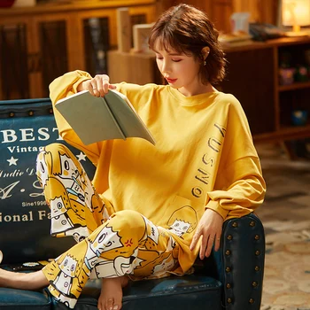 

Autumn Fashion All-Cotton Pajamas Set for Women O-Neck Striped Cute Cartoon Print Sleepwear Set Mujer Leisure Nightwear