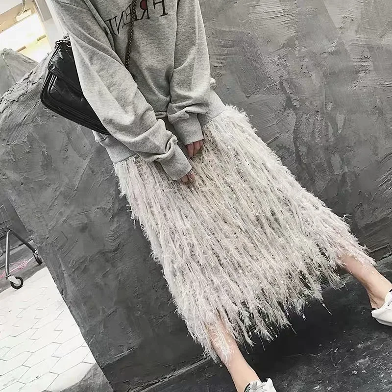 High end зимние женские трикотажные Настоящее перо Ленточки длинные полуплатье превышать огонь прямо, канистра Тяжелая юбка для женщин