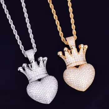 

Crown Heart Necklace Pendant With 4mm Tennis Chain Gold Color AAA Cubic Zircon Crystal Men's Women Hip hop Rock Jewelry Necklace